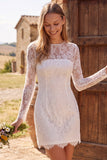 Ivory Bodycon Illusion Neck Lange Mouwen Kant Korte Bruidsdouchejurk