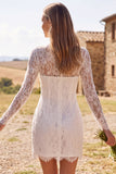 Ivory Bodycon Illusion Neck Lange Mouwen Kant Korte Bruidsdouchejurk