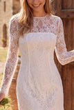 Ivory Bodycon Illusion Neck Lange Mouwen Kant Korte Bruidsdouchejurk
