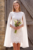 Ivoor Bateau Neck Lace Schede Korte Bruidsdouchejurk met Cape