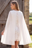 Ivoor Bateau Neck Lace Schede Korte Bruidsdouchejurk met Cape