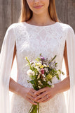 Ivoor Bateau Neck Lace Schede Korte Bruidsdouchejurk met Cape