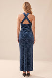 Marineblauwe schede halter fluweel lange trouwjurk