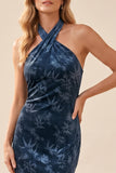 Marineblauwe schede halter fluweel lange trouwjurk