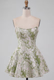 Lichtgroene A-lijn parelmoer korset strapless Baskische taille korte homecoming jurk