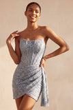 Grijsblauw korset Bodycon strapless gerimpelde korte homecomingjurk met zijband