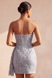 Grijsblauw korset Bodycon strapless gerimpelde korte homecomingjurk met zijband