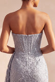 Grijsblauw korset Bodycon strapless gerimpelde korte homecomingjurk met zijband