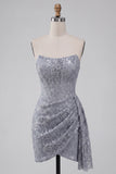 Grijsblauw korset Bodycon strapless gerimpelde korte homecomingjurk met zijband