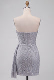 Grijsblauw korset Bodycon strapless gerimpelde korte homecomingjurk met zijband