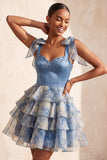 Grijsblauwe A-lijn kralenband, strikband, sweetheart gelaagde ruchekleed Homecoming Dress