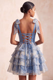 Grijsblauwe A-lijn kralenband, strikband, sweetheart gelaagde ruchekleed Homecoming Dress