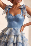 Grijsblauwe A-lijn kralenband, strikband, sweetheart gelaagde ruchekleed Homecoming Dress