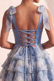 Grijsblauwe A-lijn kralenband, strikband, sweetheart gelaagde ruchekleed Homecoming Dress