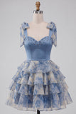 Grijsblauwe A-lijn kralenband, strikband, sweetheart gelaagde ruchekleed Homecoming Dress