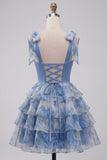 Grijsblauwe A-lijn kralenband, strikband, sweetheart gelaagde ruchekleed Homecoming Dress