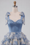 Grijsblauwe A-lijn kralenband, strikband, sweetheart gelaagde ruchekleed Homecoming Dress