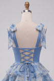 Grijsblauwe A-lijn kralenband, strikband, sweetheart gelaagde ruchekleed Homecoming Dress
