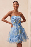 Grijsblauwe strapless A-lijn gerimpelde korte homecomingjurk met 3D-bloemen