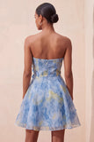 Grijsblauwe strapless A-lijn gerimpelde korte homecomingjurk met 3D-bloemen