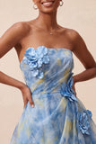 Grijsblauwe strapless A-lijn gerimpelde korte homecomingjurk met 3D-bloemen
