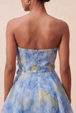 Grijsblauwe strapless A-lijn gerimpelde korte homecomingjurk met 3D-bloemen