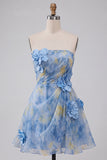 Grijsblauwe strapless A-lijn gerimpelde korte homecomingjurk met 3D-bloemen