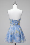 Grijsblauwe strapless A-lijn gerimpelde korte homecomingjurk met 3D-bloemen