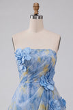 Grijsblauwe strapless A-lijn gerimpelde korte homecomingjurk met 3D-bloemen