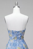 Grijsblauwe strapless A-lijn gerimpelde korte homecomingjurk met 3D-bloemen