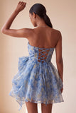 Grijsblauwe strapless A-lijn gerimpelde korte homecomingjurk met strik