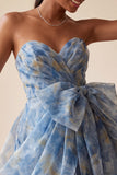 Grijsblauwe strapless A-lijn gerimpelde korte homecomingjurk met strik