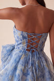 Grijsblauwe strapless A-lijn gerimpelde korte homecomingjurk met strik