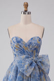 Grijsblauwe strapless A-lijn gerimpelde korte homecomingjurk met strik