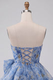 Grijsblauwe strapless A-lijn gerimpelde korte homecomingjurk met strik