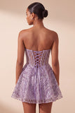 Lila A-lijn doorschijnend korset strapless korte homecomingjurk met pailletten