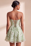 Saliegroene A-lijn bloemenborduursel strapless korset korte homecomingjurk