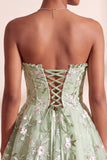 Saliegroene A-lijn bloemenborduursel strapless korset korte homecomingjurk