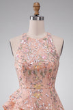 A-lijn rondhals geborduurde bloemen korte homecomingjurk met ruches