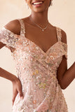 Blush Bodycon koude schouder bloemen korte homecoming jurk met borduursel