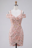 Blush Bodycon koude schouder bloemen korte homecoming jurk met borduursel