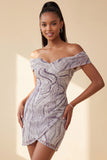 Glam lila bodycon met off-the-shoulder pailletten korte homecomingjurk