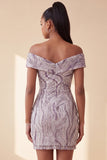Glam lila bodycon met off-the-shoulder pailletten korte homecomingjurk