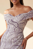 Glam lila bodycon met off-the-shoulder pailletten korte homecomingjurk