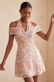 Bloemen geborduurde pailletten koude schouder halter korte homecoming jurk