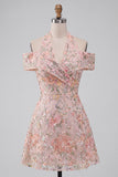 Bloemen geborduurde pailletten koude schouder halter korte homecoming jurk