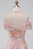 Bloemen geborduurde pailletten koude schouder halter korte homecoming jurk