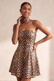 Glinsterende luipaardprint pailletten strapless korte homecomingjurk met rosette choker