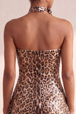 Glinsterende luipaardprint pailletten strapless korte homecomingjurk met rosette choker