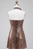 Glinsterende luipaardprint pailletten strapless korte homecomingjurk met rosette choker